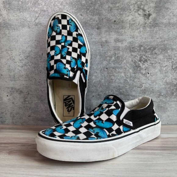 Classic checkered Vans with Blue Butterflies - Picture 1 of 12